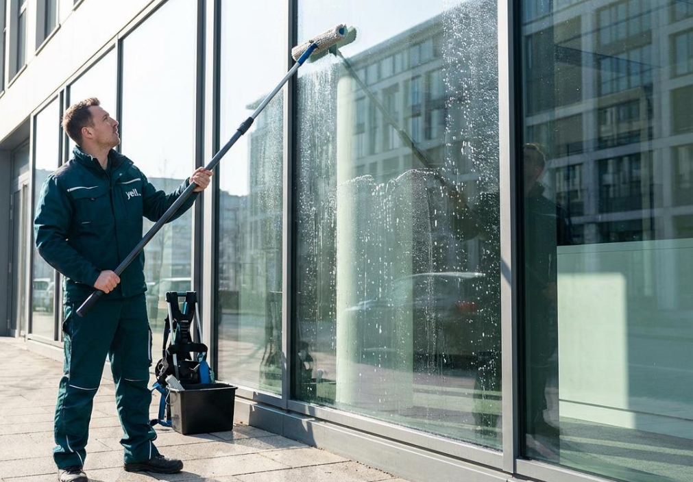 Fensterreinigung an einer Glasfassade durch Besenfein